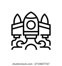 Icono de la línea de cohete de inicio, símbolo de esquema para el crecimiento del negocio, lanzamiento de proyectos, aceleración rápida, entrada en el mercado e impulso del éxito. Icono de signo de Vector.