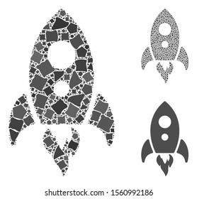Startup rocket mosaic of abrupt elements in different sizes and color tones, based on startup rocket icon. Vector abrupt items are grouped into illustration.