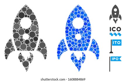 Startup rocket mosaic of circle elements in different sizes and color tones, based on startup rocket icon. Vector round elements are composed into blue mosaic.