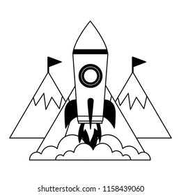 startup rocket with mountains isolated icon