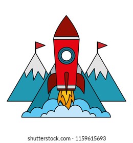 startup rocket with mountains isolated icon