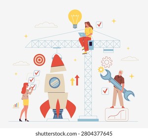 Startup rocket people. Development and product launch, team building innovative business project, strategy engineering planning, startup management, nowaday vector cartoon flat style isolated concept