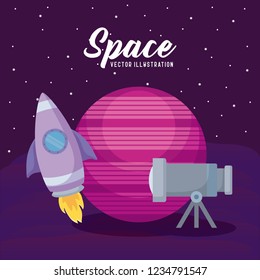 startup rocket with planet and telescope