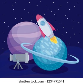 startup rocket with planets and telescope