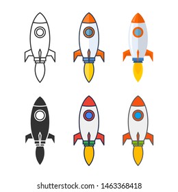 Startup rocket project illustration. Rocket lunch. Cartoon rocket space ship take off. Simple retro star up spaceship icon.