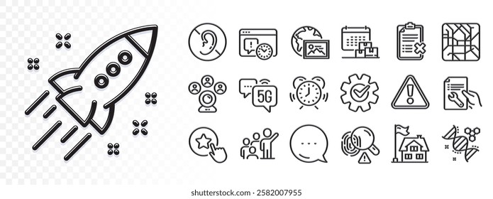 Startup rocket, Reject checklist and 5g internet line icons for web app. Glare of light effect. Message icon. Pack of Delivery calendar, Project deadline, No hearing pictogram icons. Vector