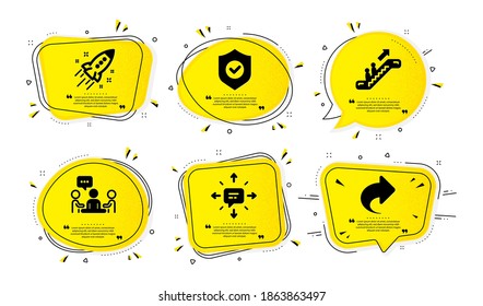 Startup rocket, Security shield and People chatting icons simple set. Yellow speech bubbles with dotwork effect. Escalator, Sms and Share signs. Vector