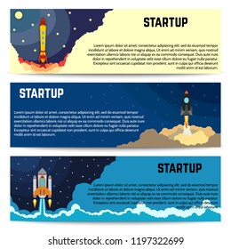 Startup rocket ship launch horizontal banners set. Vector illustration.  
