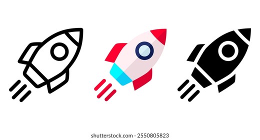 Startup rocket sign. Spaceship color icon. Speed launch symbol. Shuttle sign. Business marketing idea pictogram. Outer space illustration.