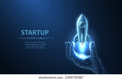 Startup. Rocket start from digital hand. Isolated on blue. Fast web development, process boost, investment in innovation, product development, website startup, virtual project, AI company concept