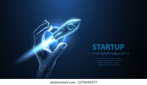 Startup. Rocket start from digital hand. Isolated on blue. Fast web development, process boost, investment in innovation, product development, website startup, virtual project, AI company concept