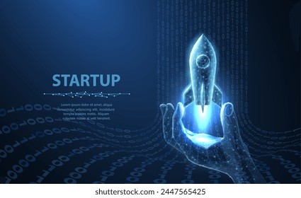 Startup. Rocket start from digital hand. Fast web development, process boost, investment in innovation, product development, website startup, virtual project, AI company concept