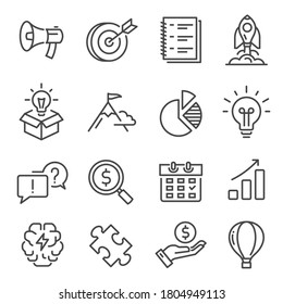 Startup, rocket take off linear icons set isolated on white. Growth, development, brainstorming pictograms collection, logos. Achieving goal, hitting target vector elements for infographic, web.