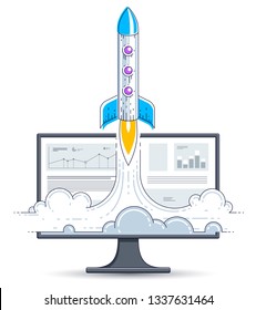Startup rocket take off over computer monitor, space rocket flying start up internet business concept, online finance, marketplace or shop, vector illustration.