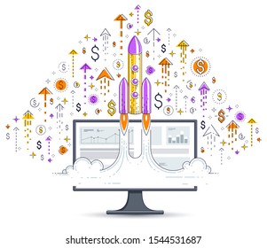 Startup rocket take off over computer monitor and set of icons, space rocket flying start up internet business concept, online finance, marketplace or shop, vector illustration.