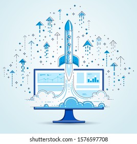 Startup rocket take off over computer monitor and set of icons, space rocket flying start up internet business concept, online finance, marketplace or shop, vector illustration.