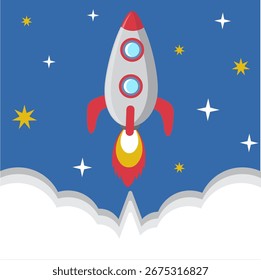 foguete Startup, decolar, nave espacial, espaço, estrelas, céu estrelado, design plano, desenho de crianças