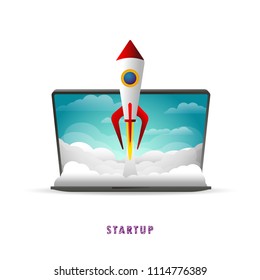 Startup. The rocket takes off from the laptop. Vector illustration. Flat. Slope. Transparent background