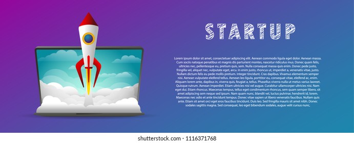 Startup. The rocket takes off from the laptop. Vector illustration. Flat. Slope. Transparent background