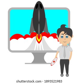  Startup rocket taking off inside computer screen, cartoon vector illustration 