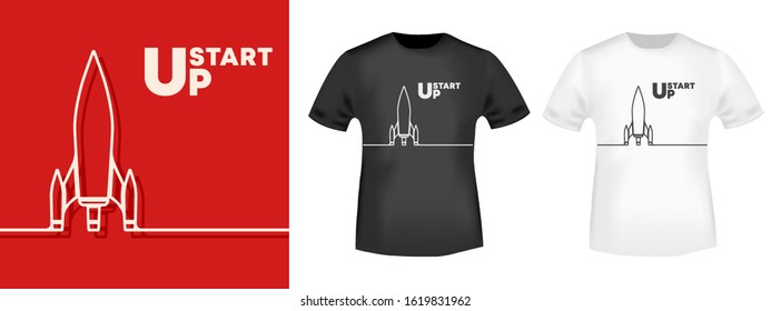 Startup rocket t-shirt print stamp for tee, t shirts applique, fashion, badge, label retro clothing, jeans, and casual wear. Vector illustration.