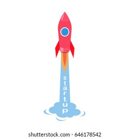 Startup of rocket vector illustration isolated on white. Start of creative project sign in flat design, rocketship going to fly into space