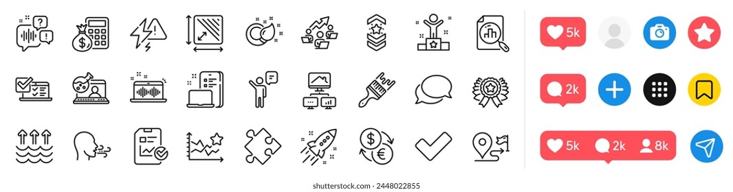 Startup rocket, Work home and Paint brush line icons pack. Social media icons. Winner ribbon, Online survey, Teamwork chart web icon. Shoulder strap, Breathing exercise, Evaporation pictogram. Vector