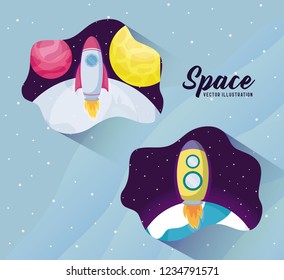 startup rockets with moon and planets