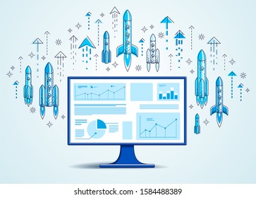 Startup rockets take off over computer monitor, space rockets flying start up internet business concept, online finance, marketplace or shop, vector illustration.