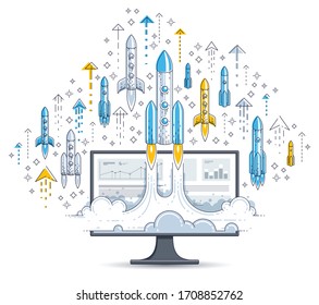 Cohetes de emprendimiento despegan sobre el monitor de computadora, cohetes espaciales que vuelan el concepto de negocios de internet, finanzas en línea, mercado o tienda, ilustración vectorial.
