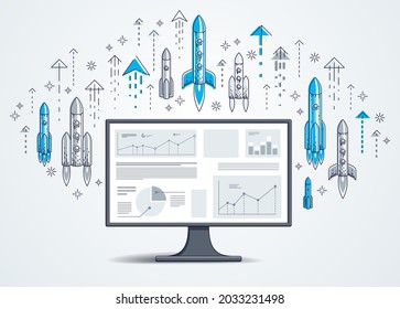 Startup rockets take off over computer monitor, space rockets flying start up internet business concept, online finance, marketplace or shop, vector illustration.
