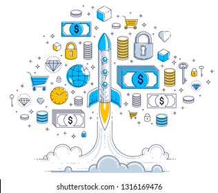 Startup rockets take off, space rockets flying start up business concept, vector illustration.