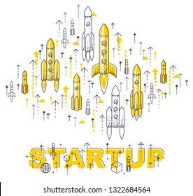 Startup rockets take off, space rockets flying start up business concept, vector illustration.