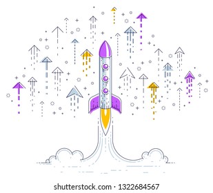 Startup rockets take off, space rockets flying start up business concept, vector illustration.