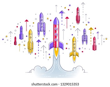 Startup rockets take off, space rockets flying start up business concept, vector illustration.