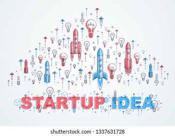 Startup rockets take off, space rockets flying start up business concept, vector illustration.