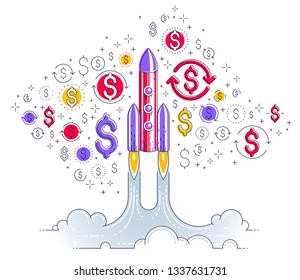 Startup rockets take off, space rockets flying start up business concept, vector illustration.