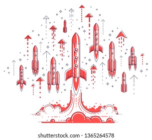 Startup rockets take off, space rockets flying start up business concept, vector illustration.