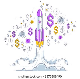 Startup rockets take off, space rockets flying start up business concept, vector illustration.