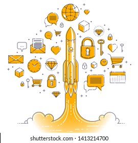 Startup rockets take off, space rockets flying start up business concept, vector illustration.