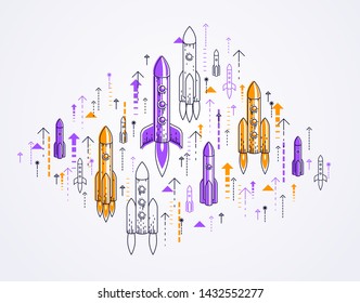 Startup rockets take off, space rockets flying start up business concept, vector illustration.