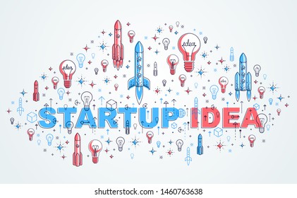 Startup rockets take off, space rockets flying start up business concept, vector illustration.
