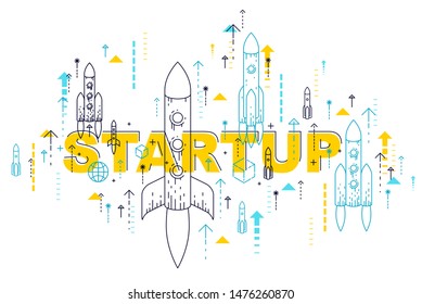 Startup rockets take off, space rockets flying start up business concept, vector illustration.