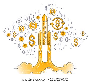 Startup rockets take off, space rockets flying start up business concept, vector illustration.