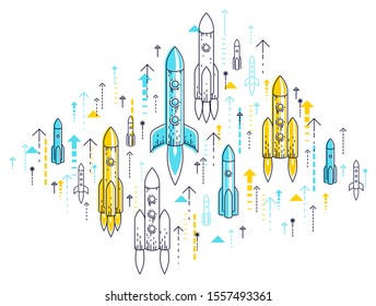 Startup rockets take off, space rockets flying start up business concept, vector illustration.