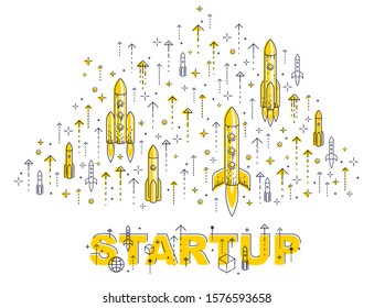 Startup rockets take off, space rockets flying start up business concept, vector illustration.
