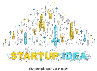 Startup rockets take off, space rockets flying start up business concept, vector illustration.