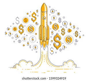 Startup rockets take off, space rockets flying start up business concept, vector illustration.