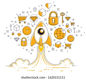 Startup rockets take off, space rockets flying start up business concept, vector illustration.