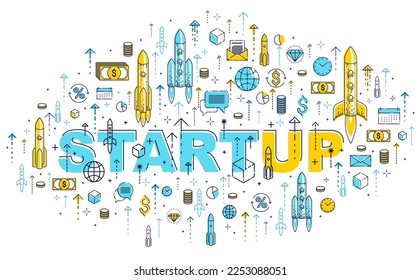 Startup rockets take off, space rockets flying start up business concept, vector illustration.